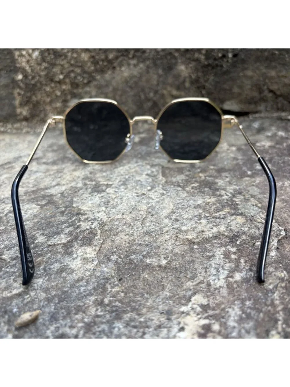 70s Gold Geometric Octagon Sunglasses Retro Round Black Lens Boho Festival NEW